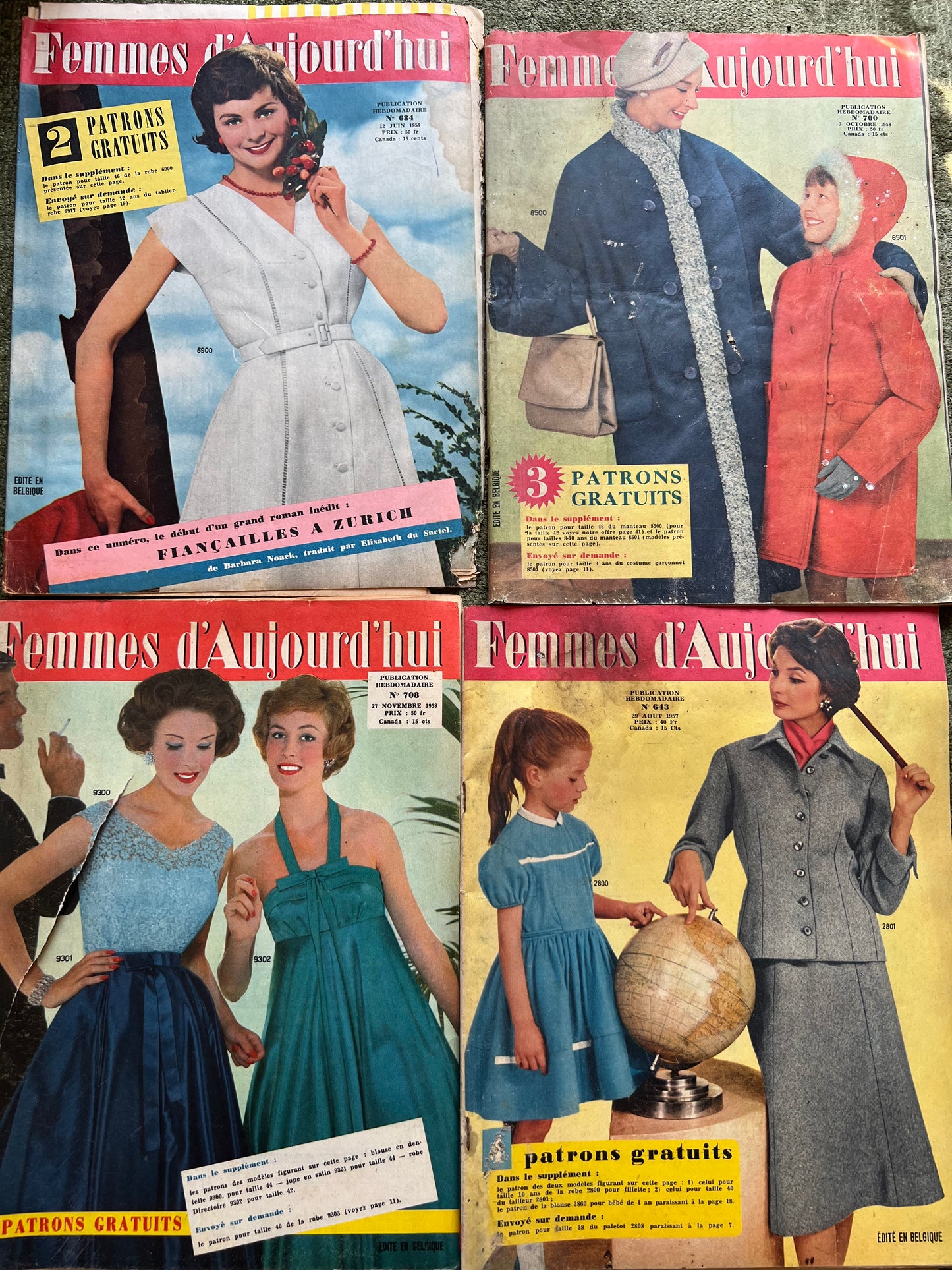 4 French Women's Magazines from 1957 + 8 incl 3 Dress Patterns with Grubby Covers