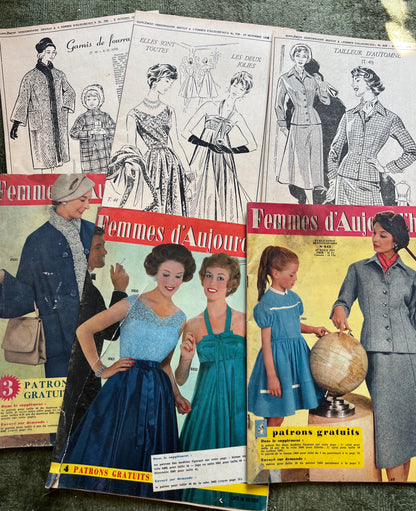 4 French Women's Magazines from 1957 + 8 incl 3 Dress Patterns with Grubby Covers