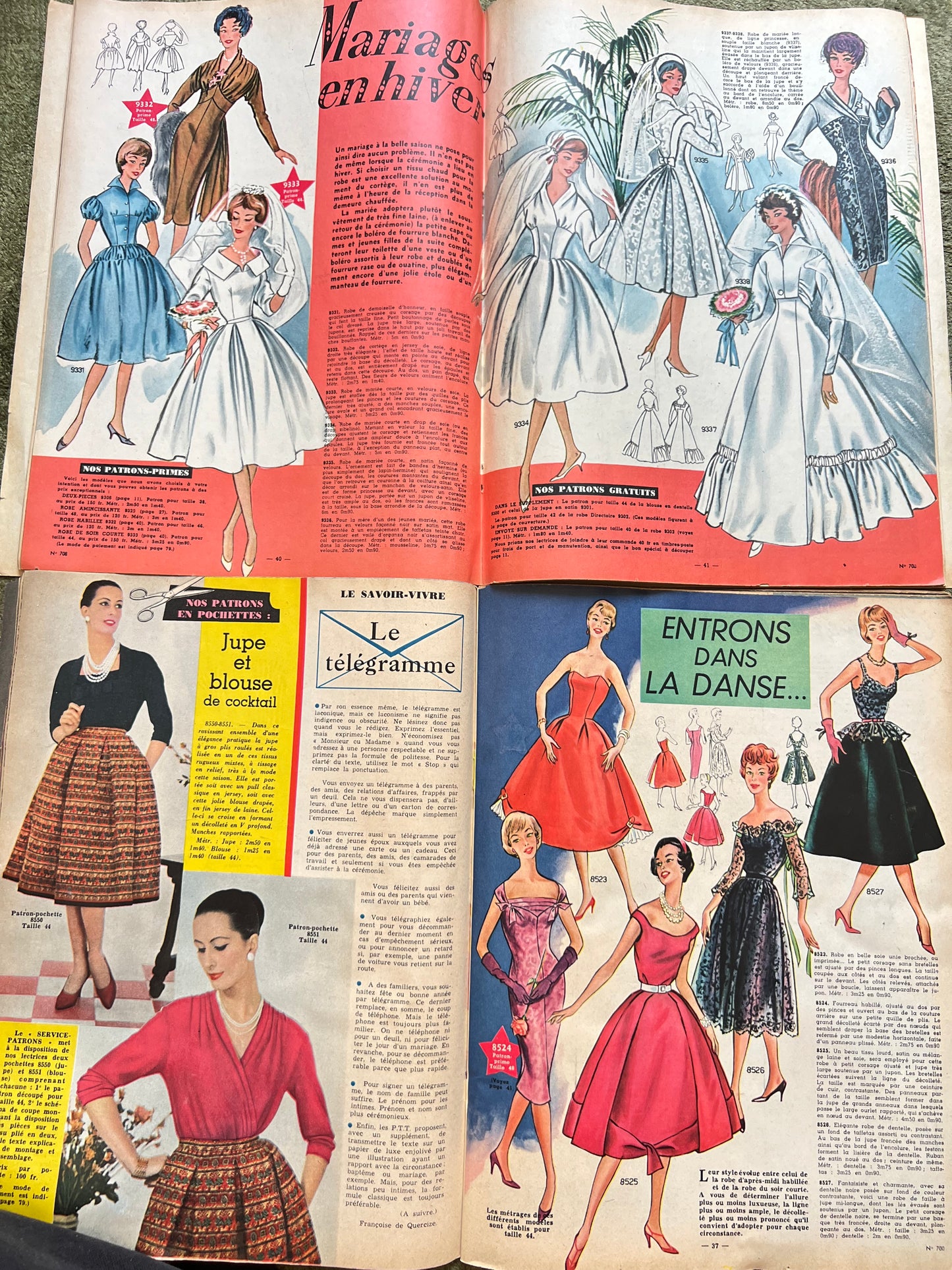 4 French Women's Magazines from 1957 + 8 incl 3 Dress Patterns with Grubby Covers