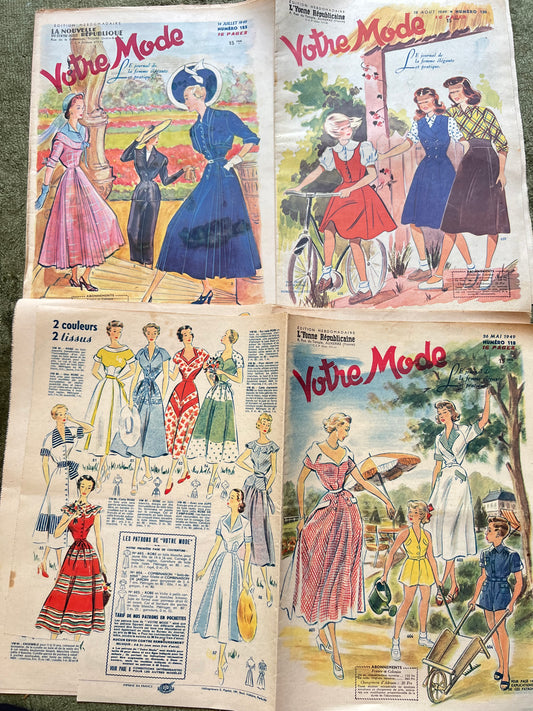 3 French Women's Magazines Votre Mode from 1949.