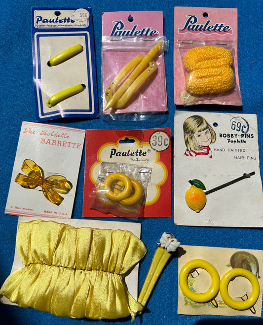 Job Lot of 12 Vintage Yellow Barrettes, Hair Clips and Pins