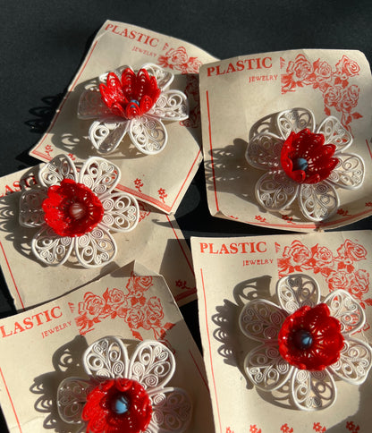 Vintage 1950s Big Red and White Filigree Flower Brooch