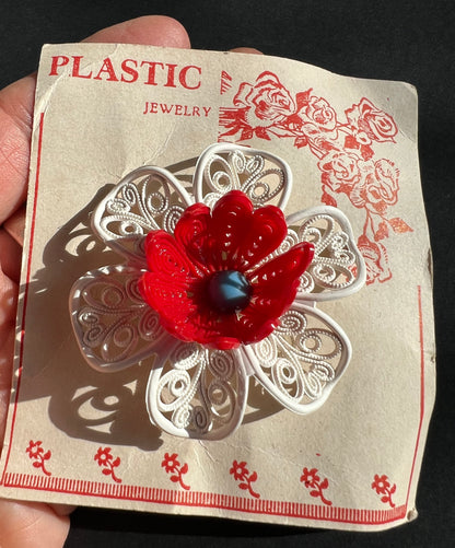 Vintage 1950s Big Red and White Filigree Flower Brooch