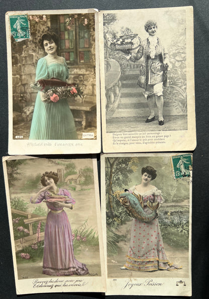 4 Bizarre French Early 1900s Poisson d'Avril Fish Postcards
