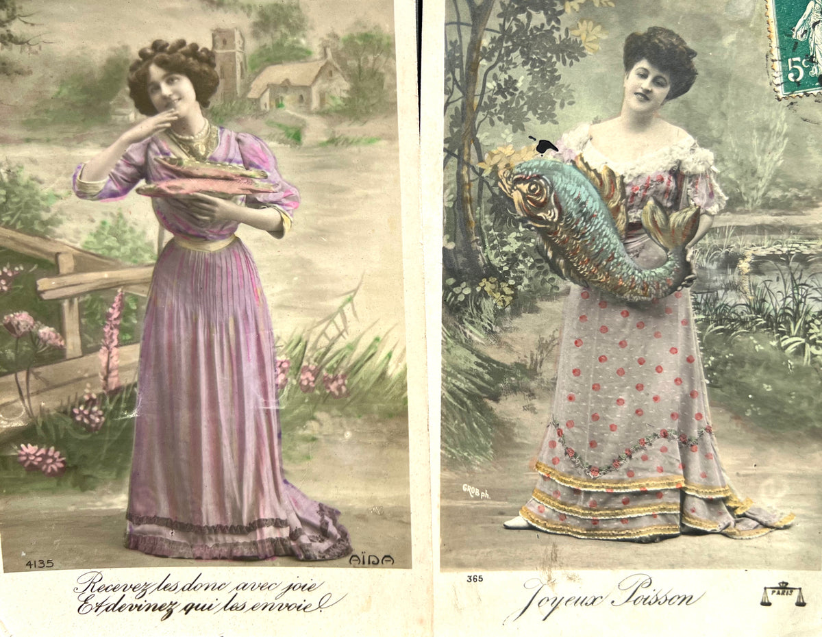 4 Bizarre French Early 1900s Poisson d'Avril Fish Postcards