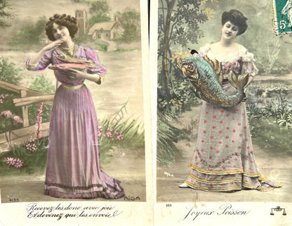 4 Bizarre French Early 1900s Poisson d'Avril Fish Postcards