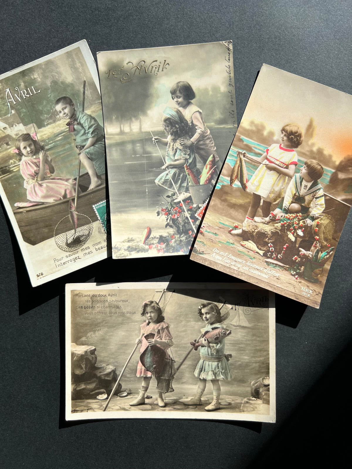 4 Fishing Siblings French 1900s Poisson d'Avril Fish Postcards