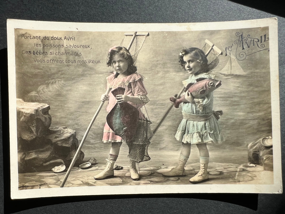 4 Fishing Siblings French 1900s Poisson d'Avril Fish Postcards