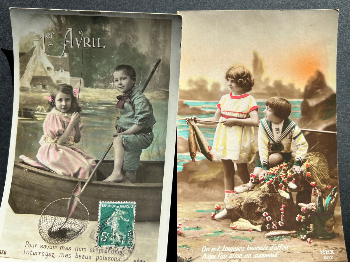 4 Fishing Siblings French 1900s Poisson d'Avril Fish Postcards