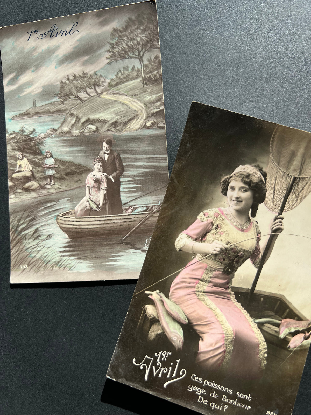 Elegant Fishing on these 2 Early  1900s French Poisson d'Avril Postcards