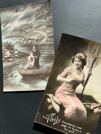 Elegant Fishing on these 2 Early  1900s French Poisson d'Avril Postcards