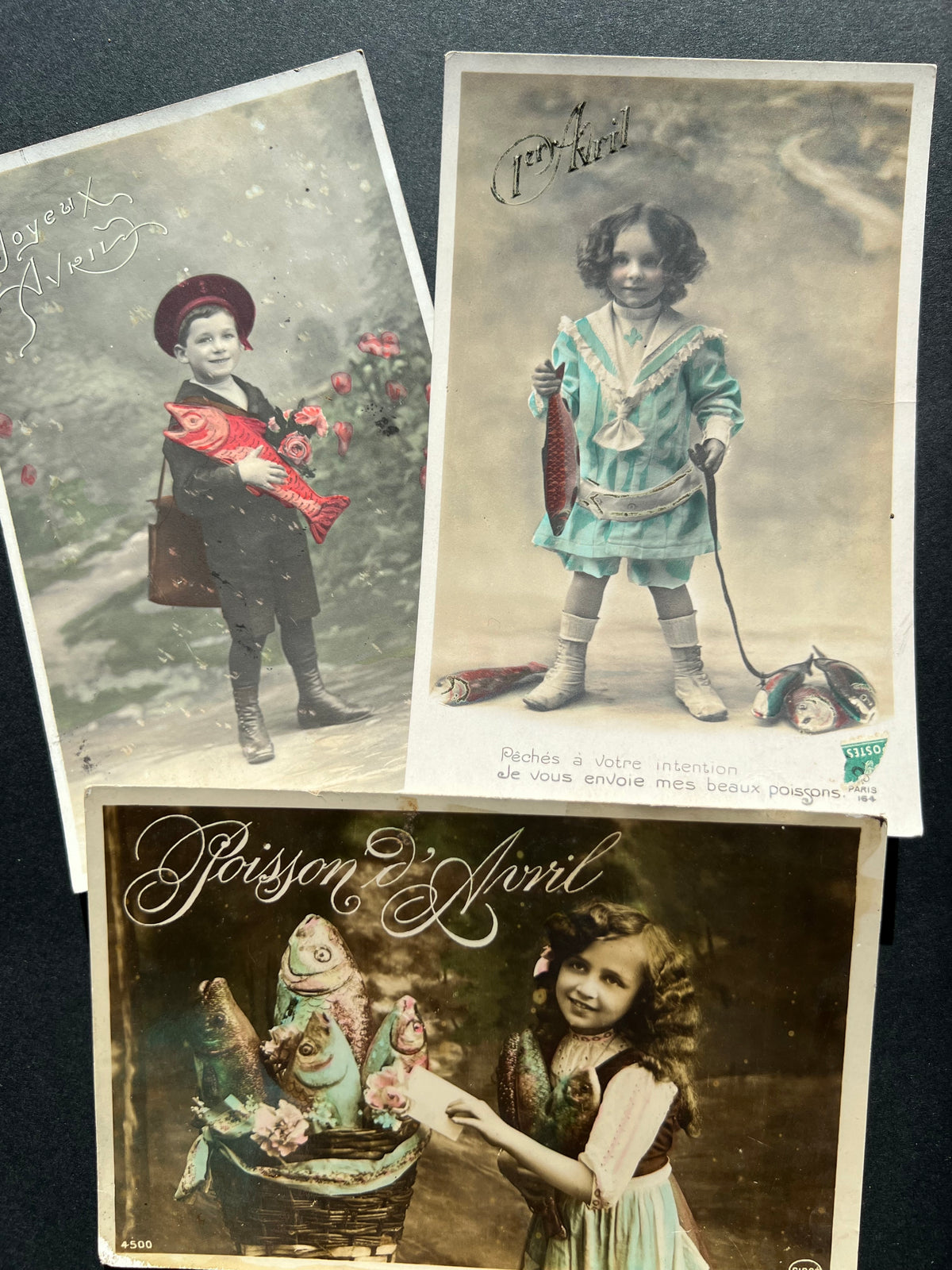 Children + Their Fish .. 3 French Poisson d'Avril Postcards