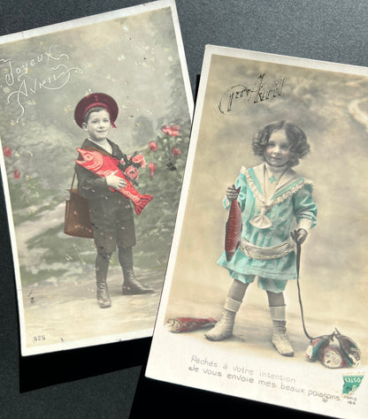 Children + Their Fish .. 3 French Poisson d'Avril Postcards