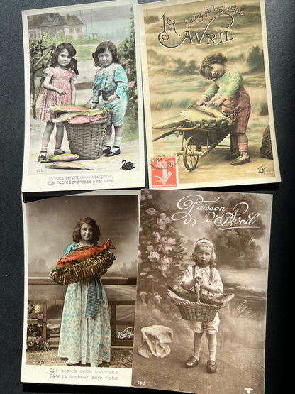 Children with Fish in Baskets..4 French Poisson d'Avril Postcards