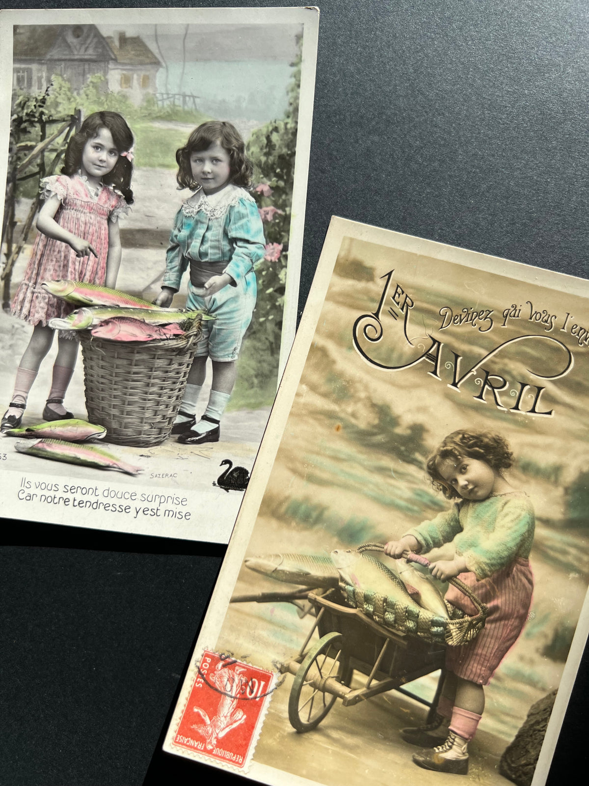 Children with Fish in Baskets..4 French Poisson d'Avril Postcards