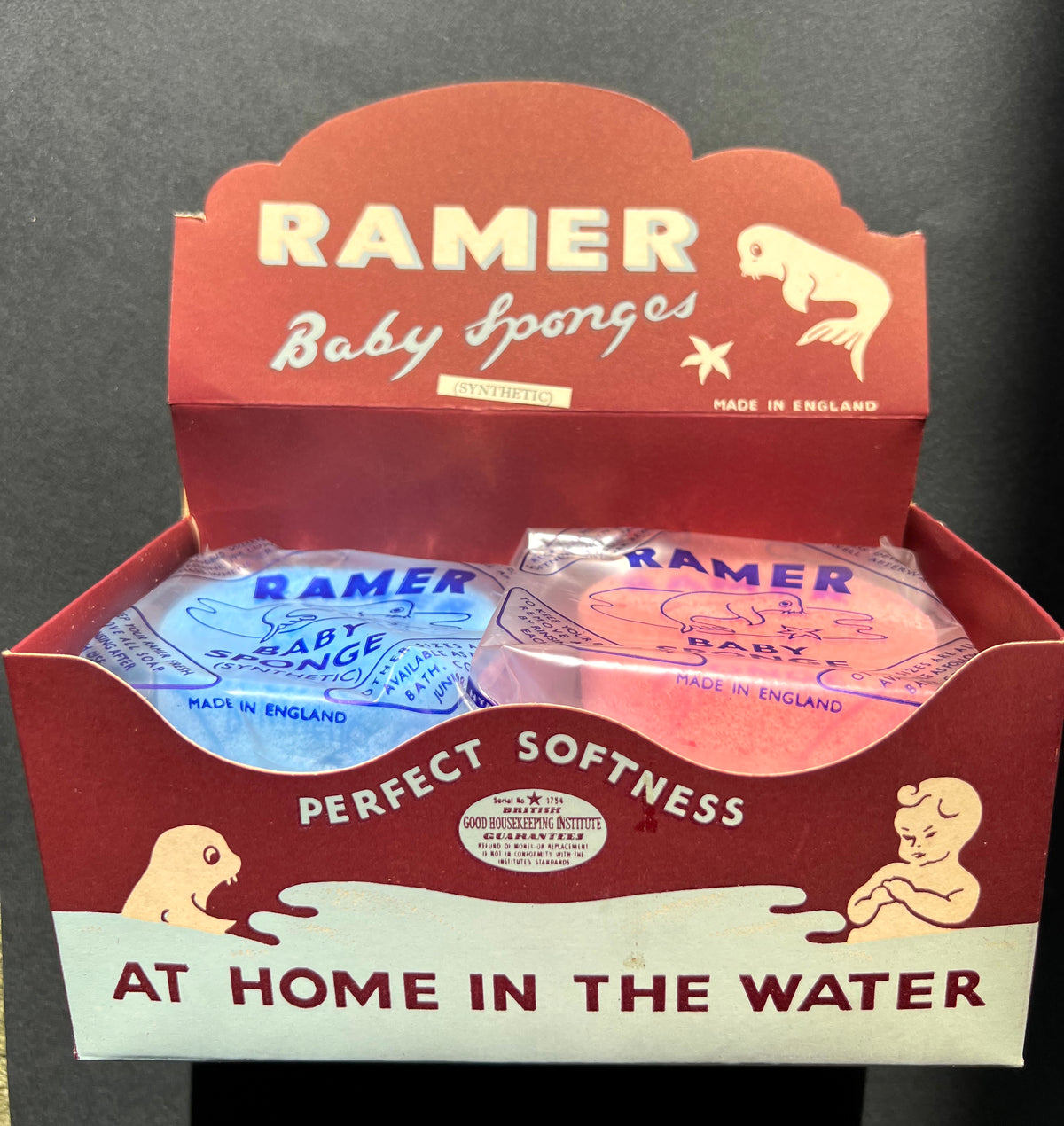 A Vintage Shop Display Box of 6 Ramer Baby Sponges. Made in England. Or individual Sponges...