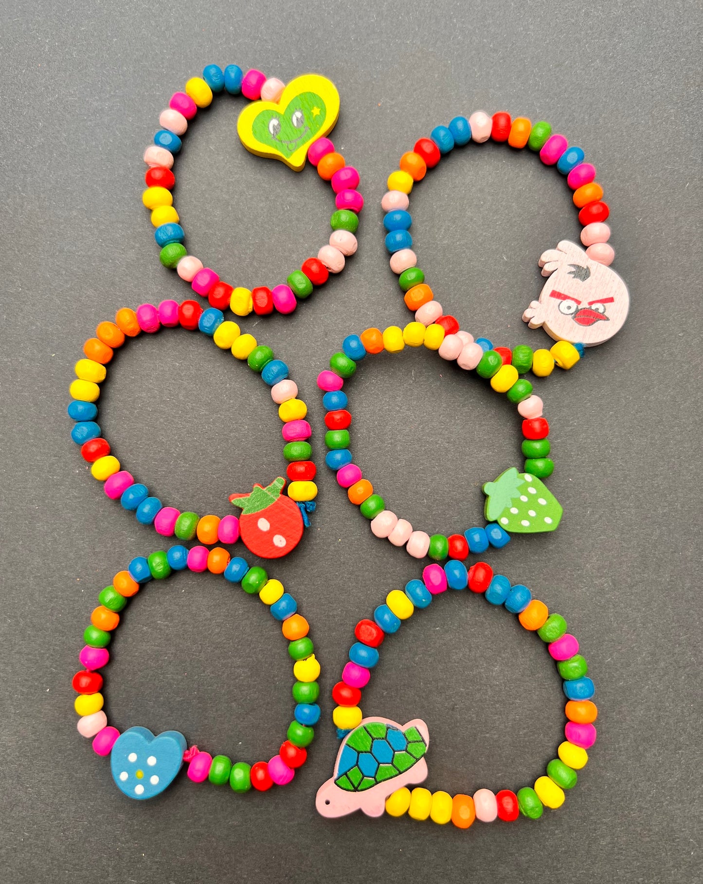 6 Colourful Kids Wooden Bracelets