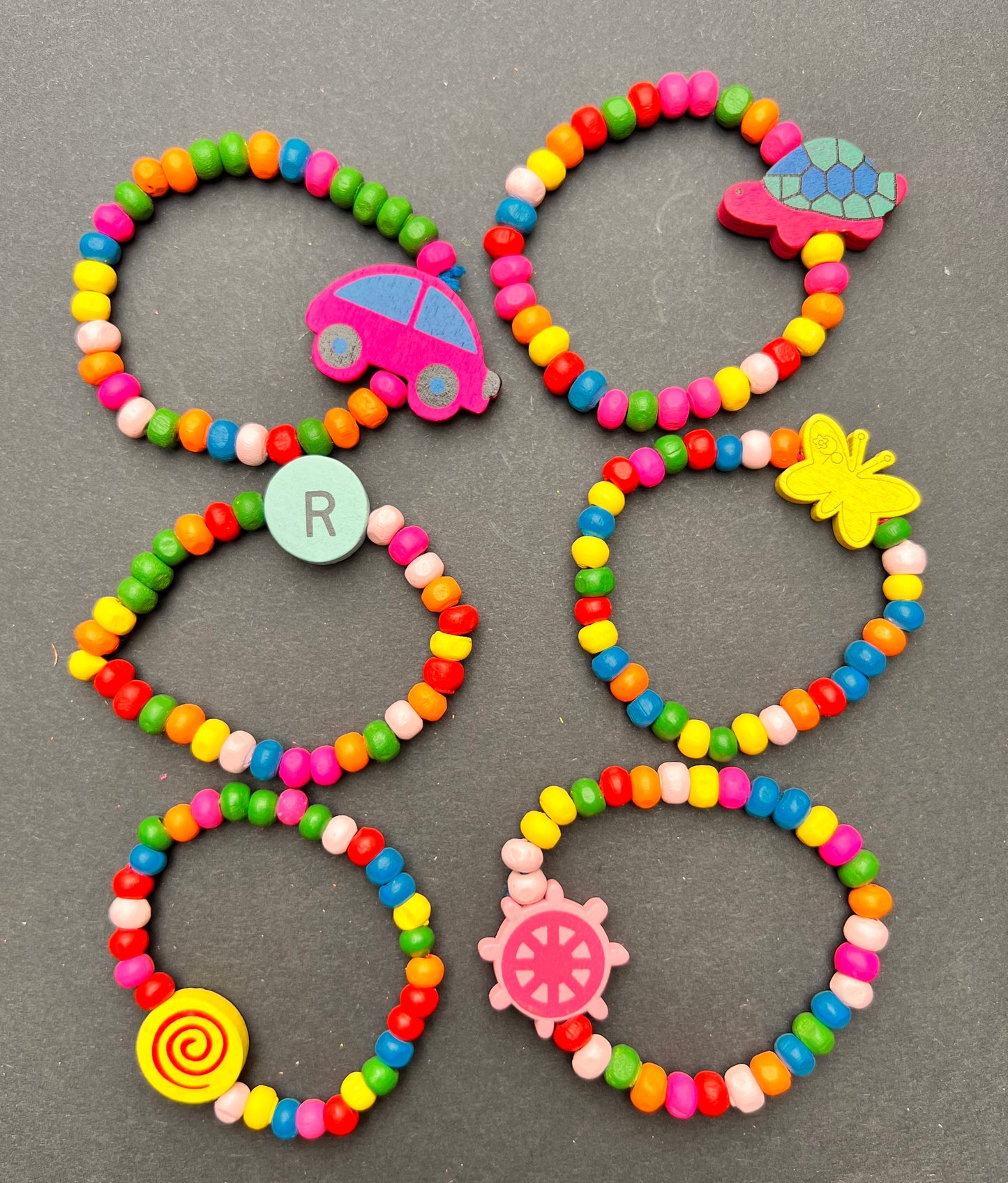 6 Colourful Kids Wooden Bracelets