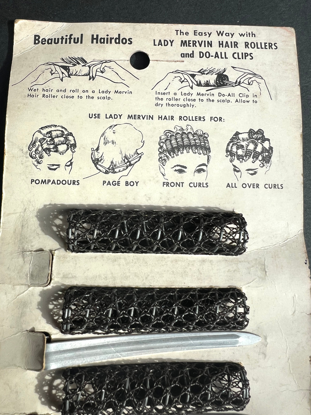 Sheet of Vintage - 1958 -  Lady Mervin HAIR ROLLERS + DO-ALL CLIPS