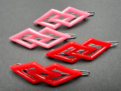 Pair of Interlocking Diamonds 1960s Red or Pink 6.5cm Hair Grips - Made in Hong Kong