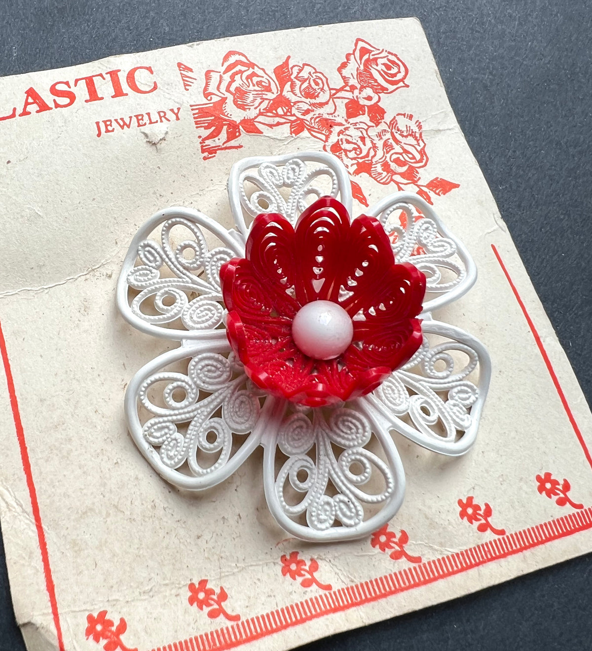 Vintage 1950s Big Red and White Filigree Flower Brooch