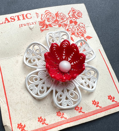Vintage 1950s Big Red and White Filigree Flower Brooch