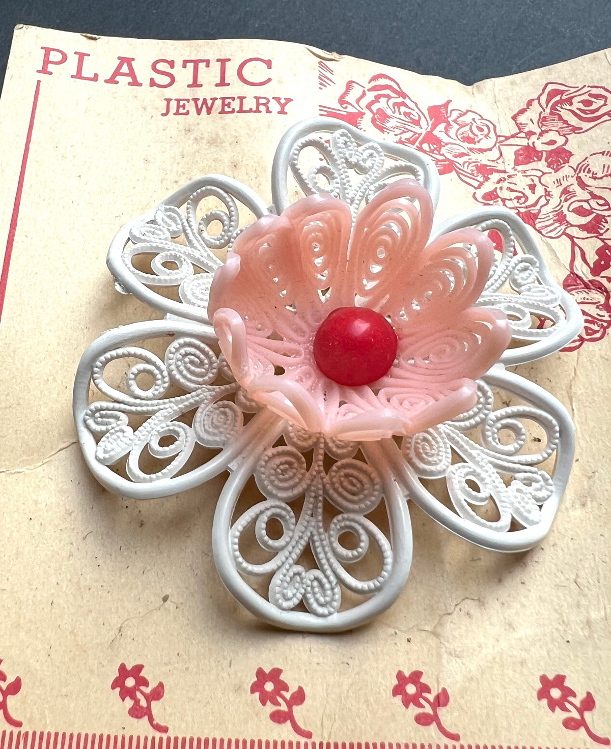 Vintage 1950s Big Pink and White Filigree Flower Brooch