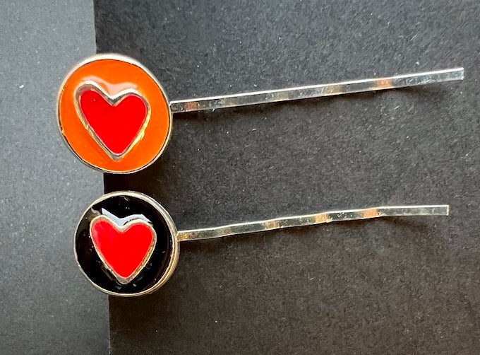 Enamel Heart 1980s  Hair Pins - Orange or Black