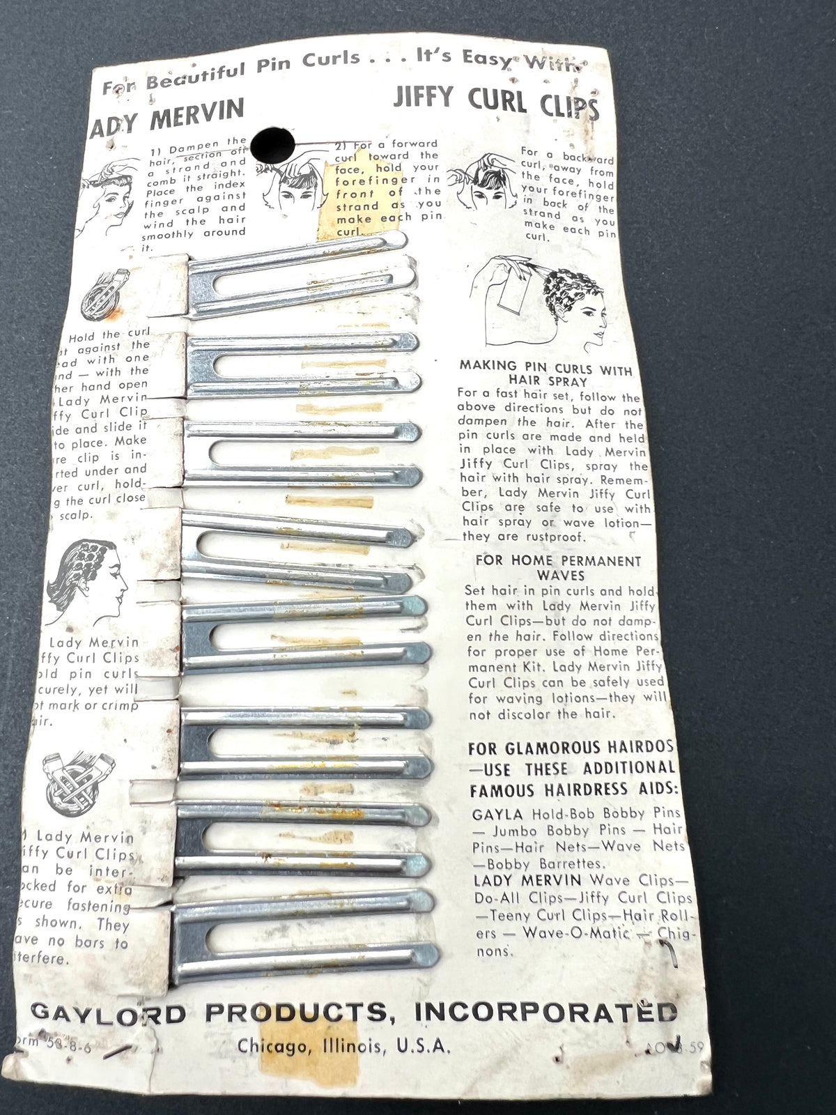 Sheet of 8 Vintage Lady Mervin JIFFY CURL CLIPS