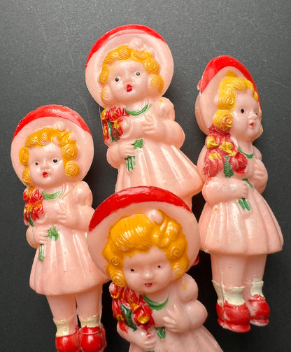 Gorgeous Vintage  Doll Rattle - Little Girl With Flowers - 9cm tall