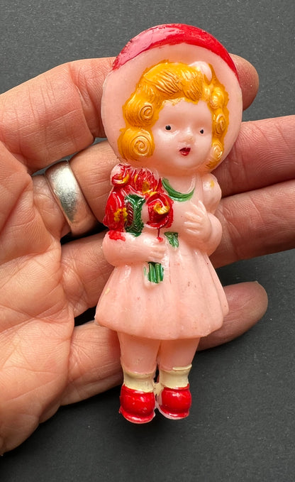 Gorgeous Vintage  Doll Rattle - Little Girl With Flowers - 9cm tall