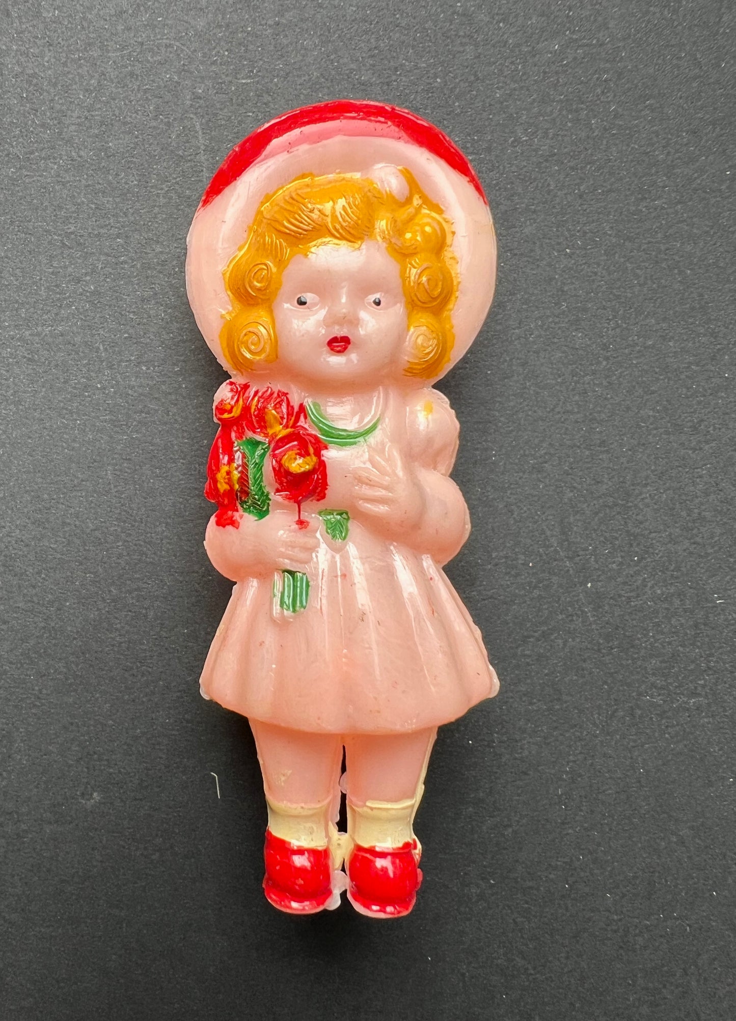 Gorgeous Vintage  Doll Rattle - Little Girl With Flowers - 9cm tall