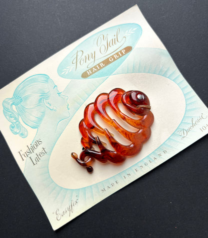 British 1950s Pony Tail 7cm Hair Grip/ Banana Clip on Lovely Display Card.