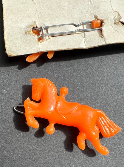 Two Prancing Bright Orange Vintage Horse Hair Clips