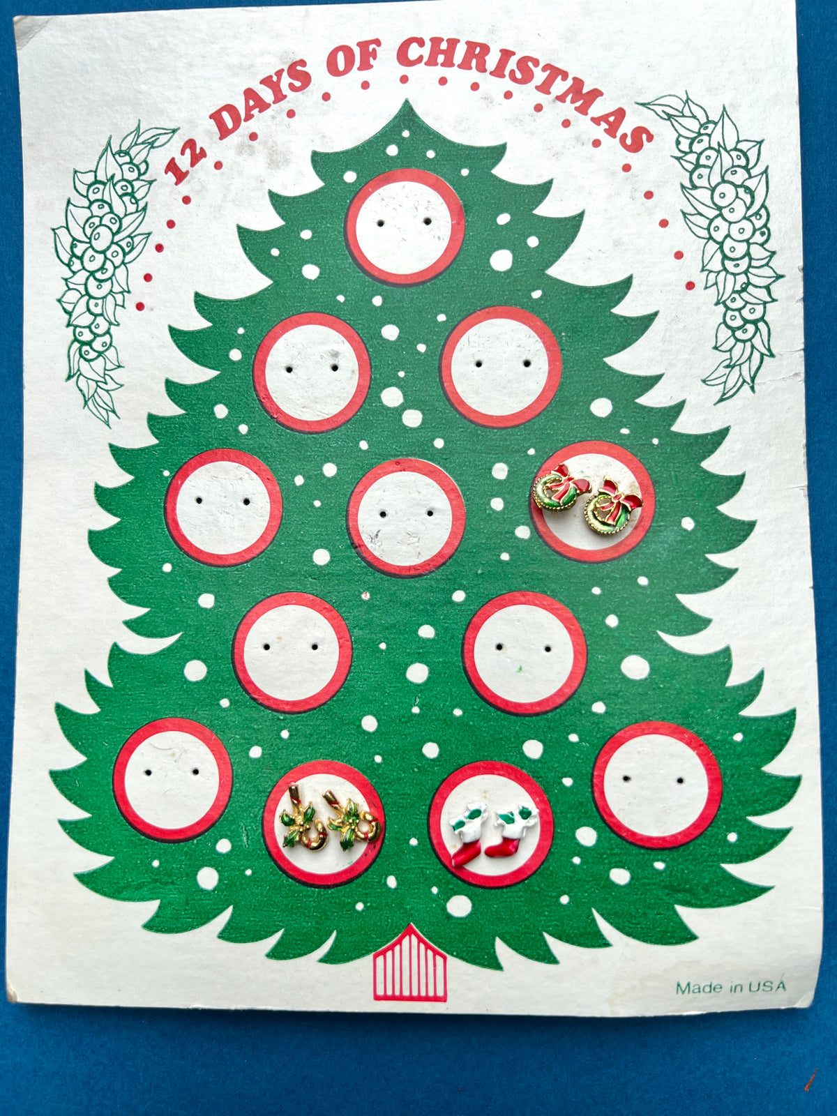 Vintage 12 Days of Christmas Festive Earrings Display Card - with 3 Pairs of Earrings