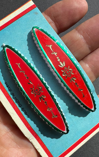 2 Mid Century  Red and Green 8cm Hair Clips