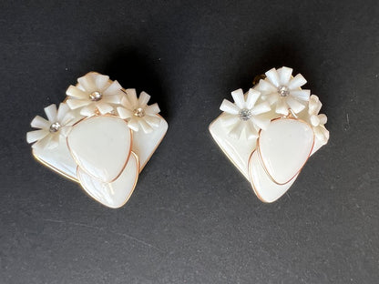 Mid Century Diamante and White Flower Vintage Clip-on Earrings