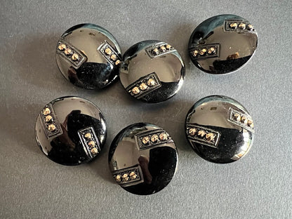 6 French Deco Black & Gold Big 2.3cm Vintage Glass Buttons