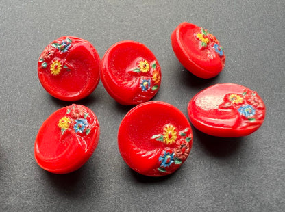 6 Charming Red Vintage Glass Buttons painted with Flowers - 1.5cm