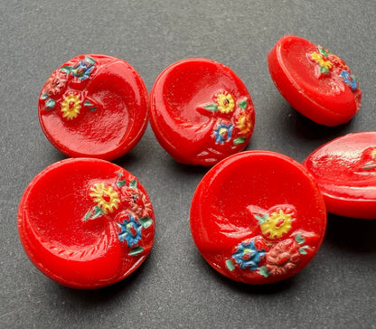 6 Charming Red Vintage Glass Buttons painted with Flowers - 1.5cm