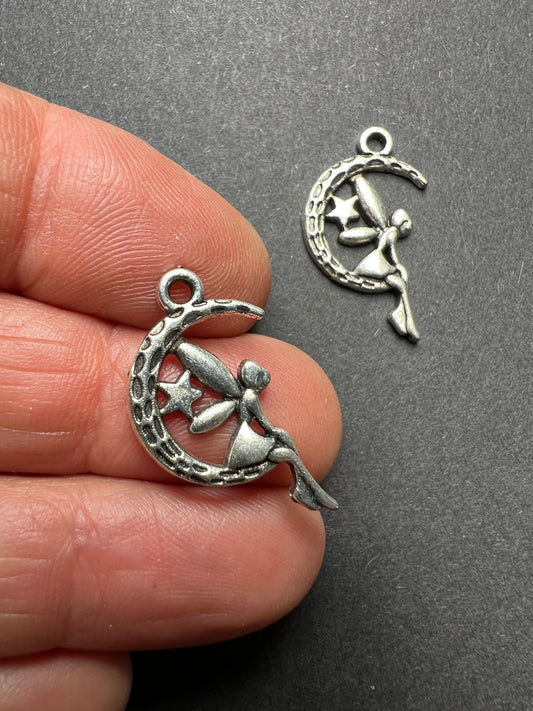 2 Little Silver Fairy in the Moon Charms - 2.5cm tall.