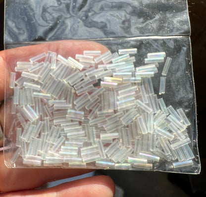 8g of Vintage Iridescent  Clear Czech Glass 7mm Bugle Beads