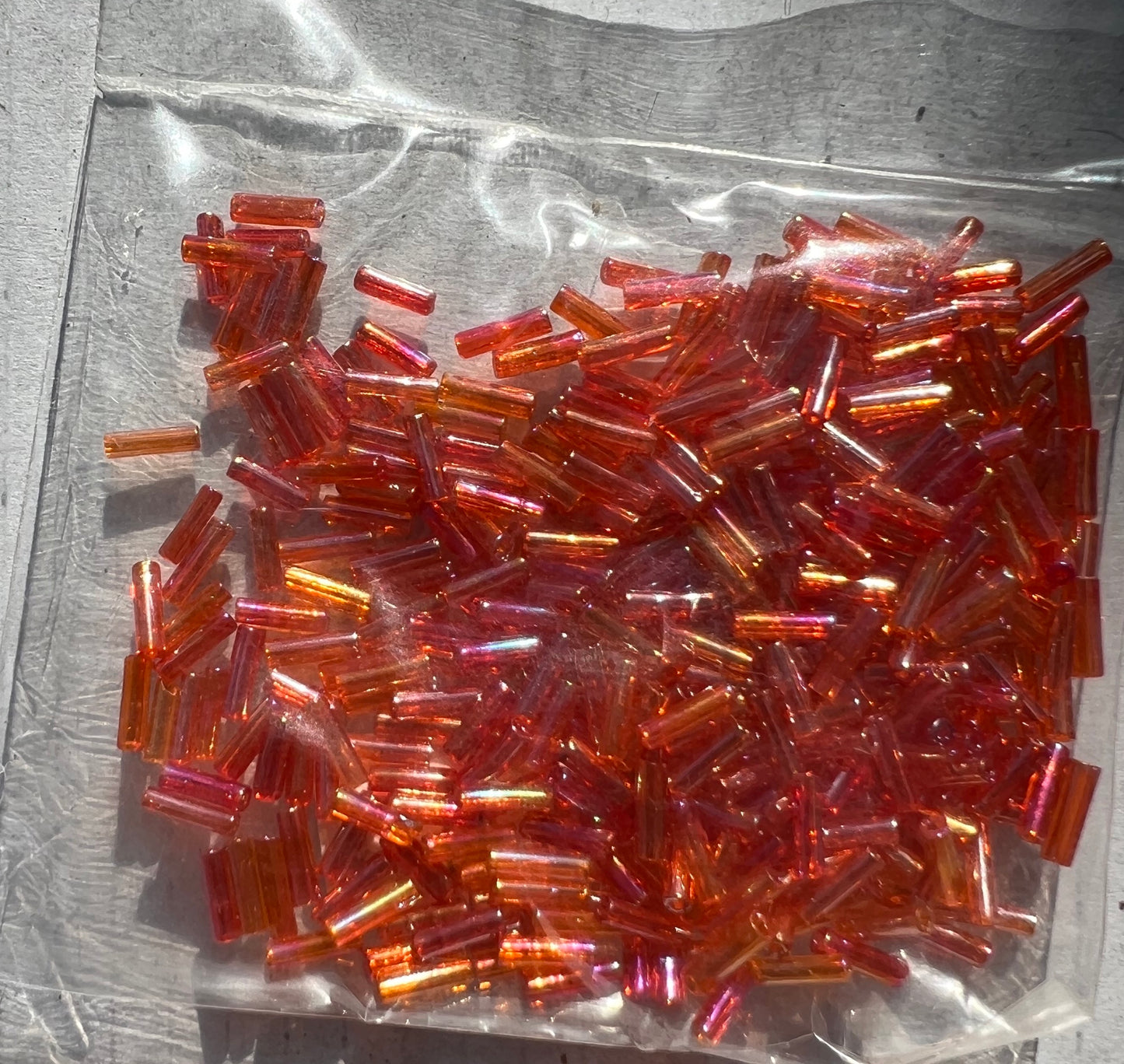 12.5g of Vintage Shimmery Orange/Pink/Gold Czech Glass 7mm Bugle Beads