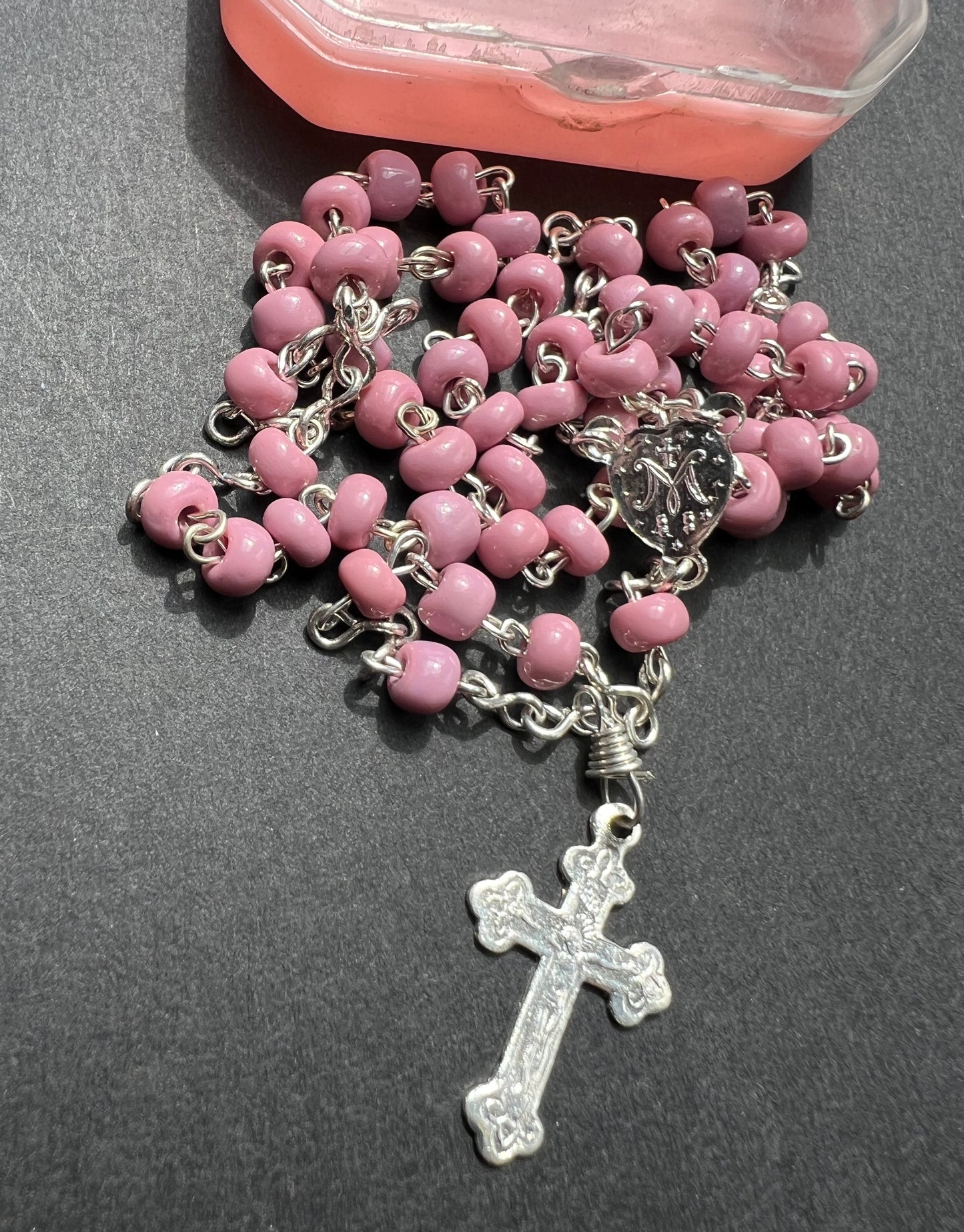 Vintage Glass Rosary Beads in Travel Cases - Blue, Red or Pink