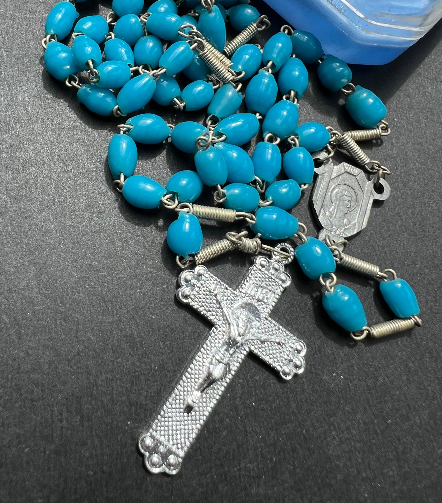 Vintage Glass Rosary Beads in Travel Cases - Blue, Red or Pink