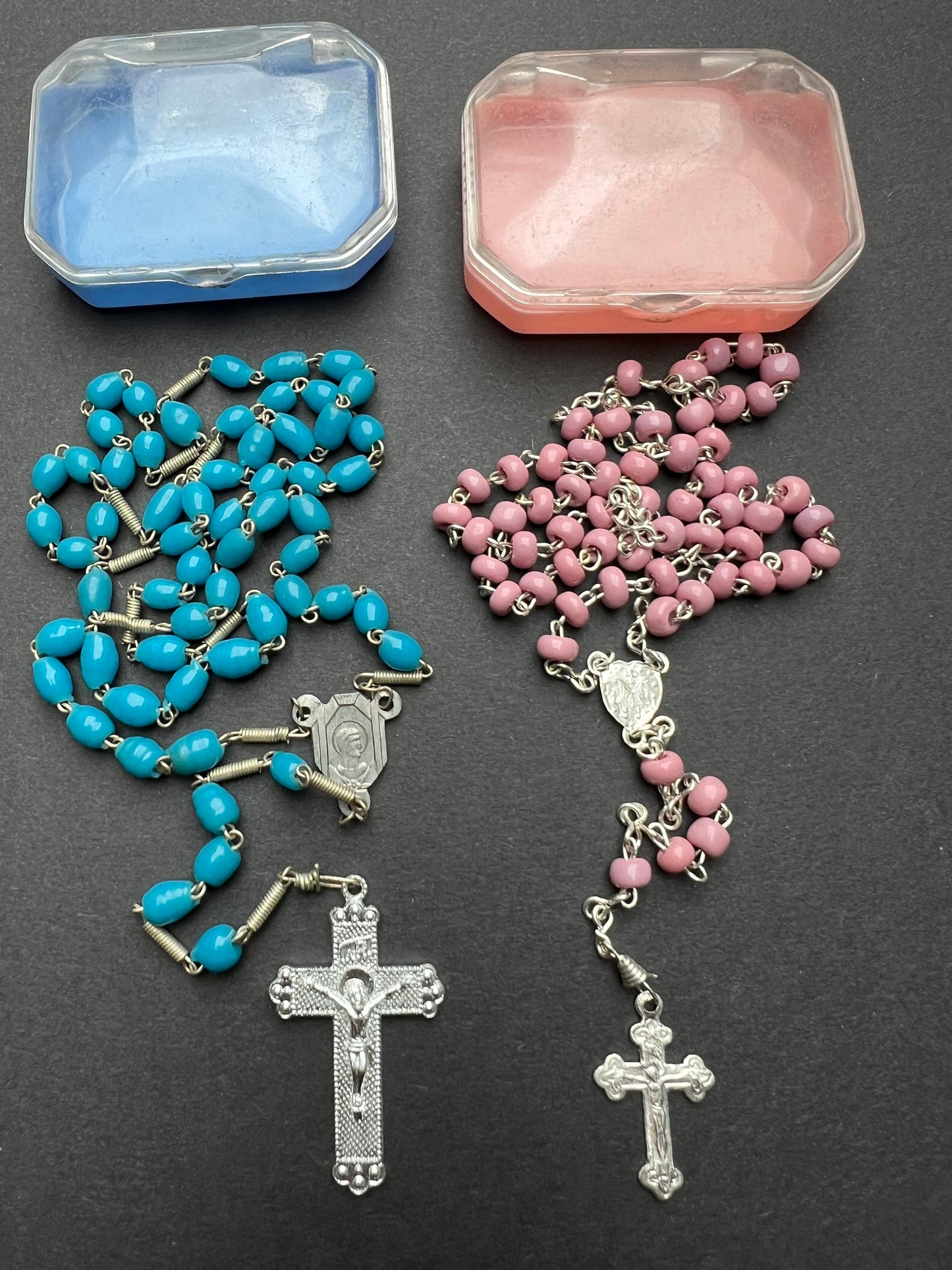 Vintage Glass Rosary Beads in Travel Cases - Blue, Red or Pink