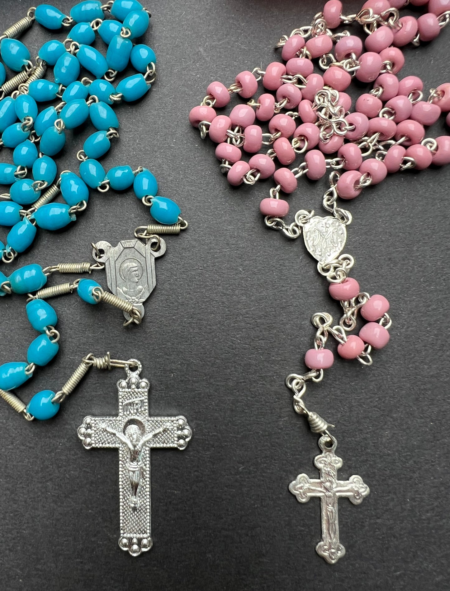 Vintage Glass Rosary Beads in Travel Cases - Blue, Red or Pink