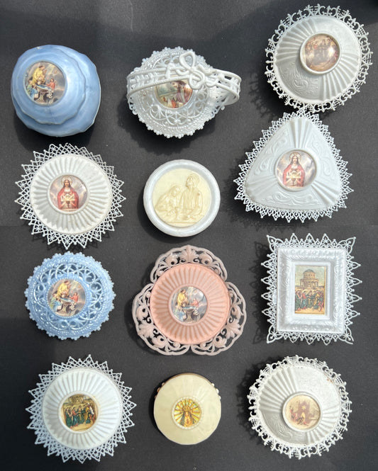 12 Ornate Vintage Catholic Plastic Containers - All Different (Set A)