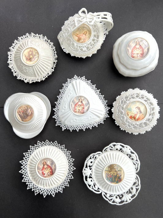8  Vintage Catholic White Plastic Containers - All Different (Set C)