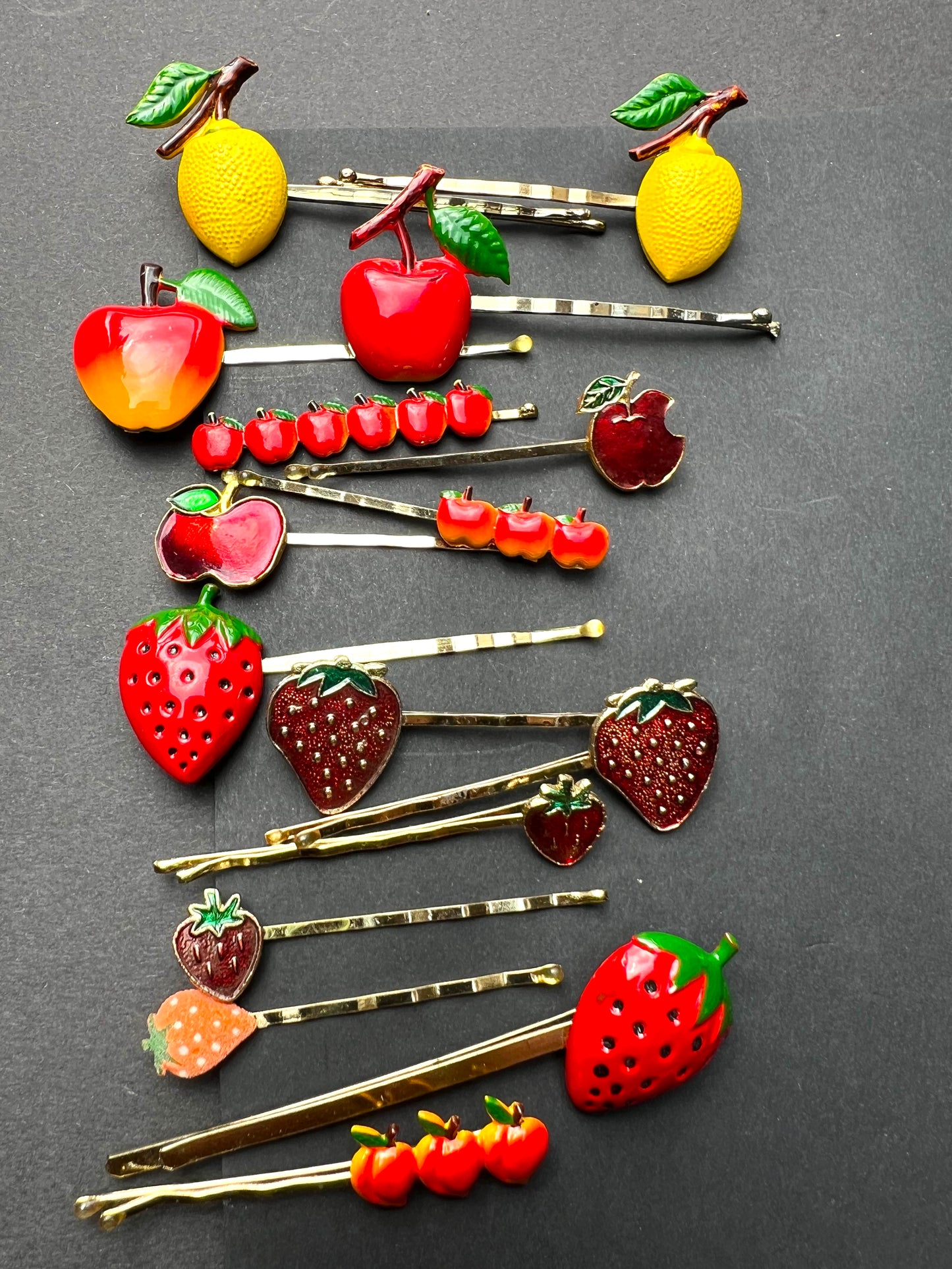 Vintage FRUIT Bobby Pins / Hair slides Apples, Cherries, Lemons, Strawberries, Peaches